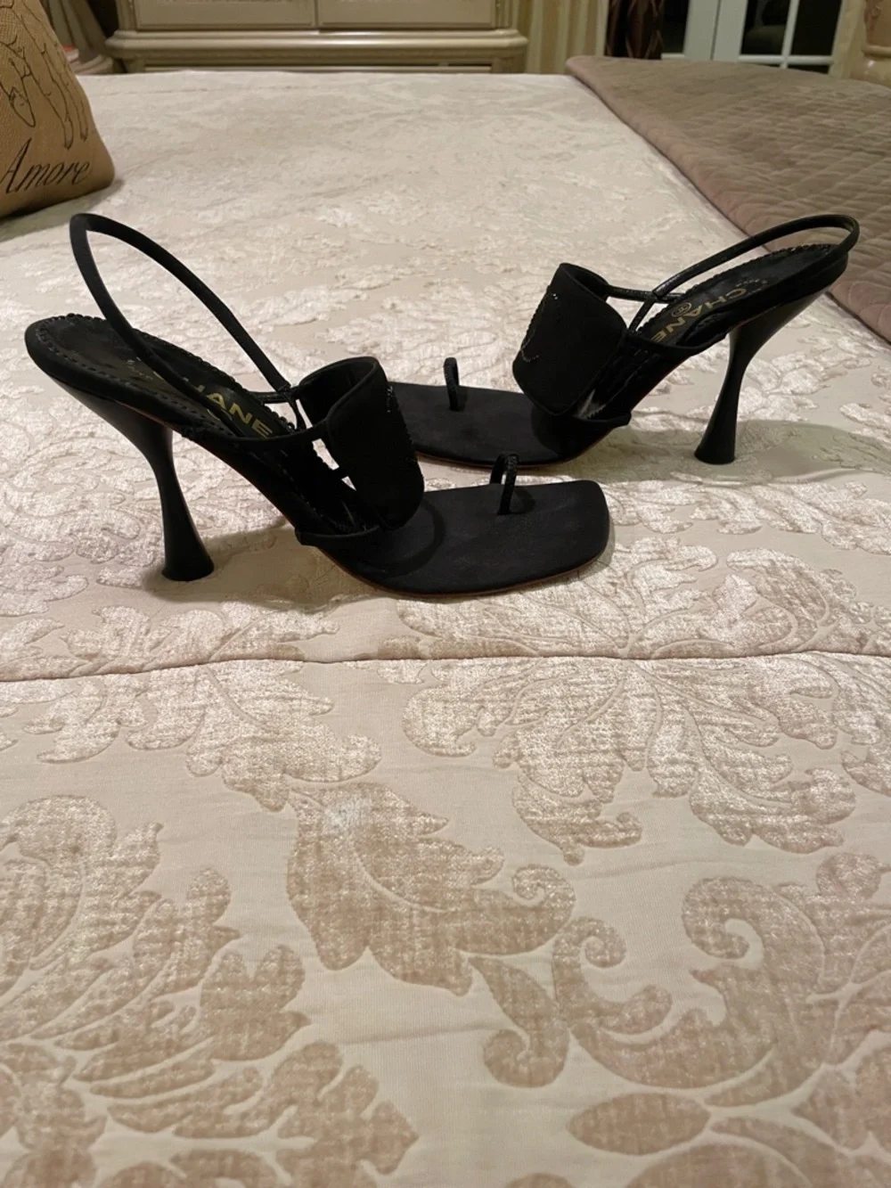 CHANEL Black Beaded CC Toe-Loop Slingback Sandals Worn 3x